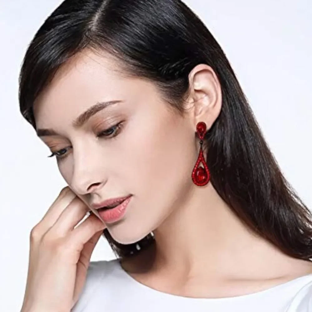 Carbon Black with Ruby Red Austrian Crystal Dual Dangling Teardrop Earrings